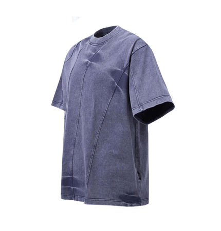 Retro Tie-Dye Spliced TShirt – Loose Fit in dark wash, showcasing a unique splicing design and relaxed silhouette.