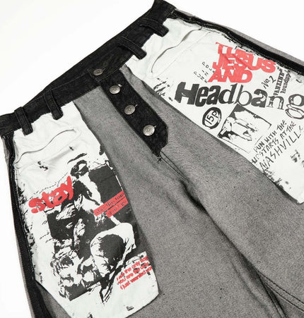 Printed Deconstructed Asymmetrical Jeans showcasing edgy printed panels and relaxed fit.