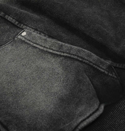 Retro Washed Zip Up Hoodie – Loose Fit featuring a close-up of the distressed pocket detail.