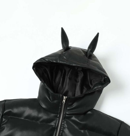 Devil Ears Leather Hoodie Jacket – Loose Fit featuring a hood with cute devil ear accents.