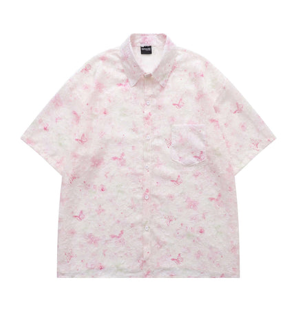 Butterfly Jacquard Printed Shirt featuring a pink butterfly jacquard pattern and short sleeves.
