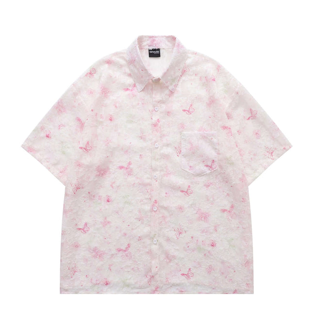 Butterfly Jacquard Printed Shirt featuring a pink butterfly jacquard pattern and short sleeves.