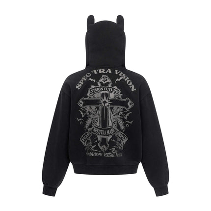 Vintage hoodie | Cross letter print hoodie | Distressed zip-up sweatshirt | Unisex streetwear jacket | Loose fit hoodie black | Casual streetwear hoodie gray