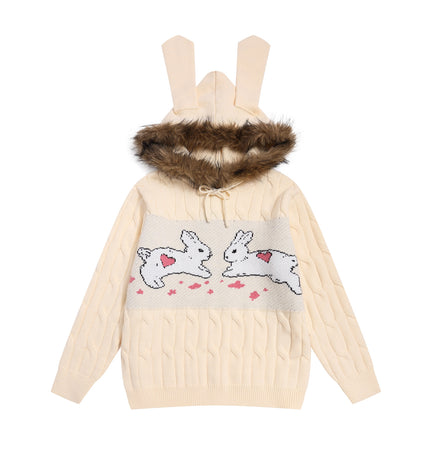 Suéter con capucha y cuello de piel de conejo