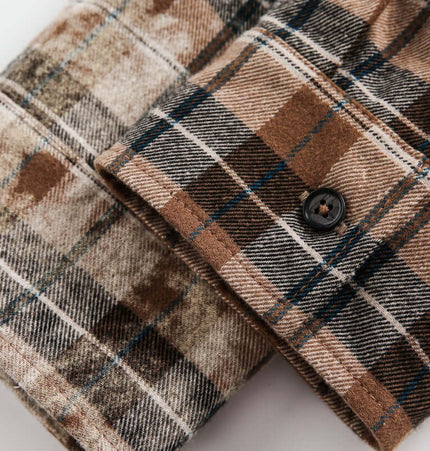 Checkered Hooded Plaid Shirt – Loose Fit close-up showing button detail and plaid pattern.