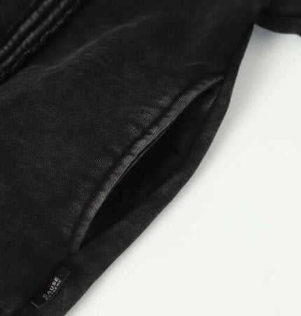 Stripe Patchwork Hoodie – Loose Fit showing close-up of fabric and pocket detail.