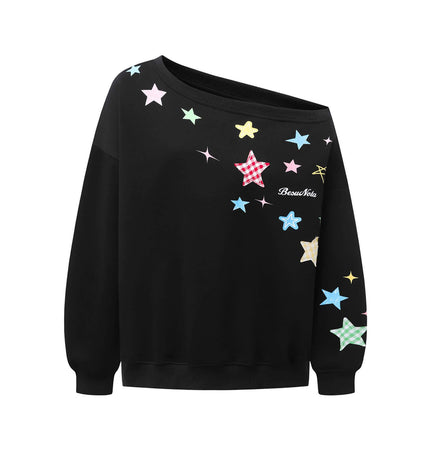 Slanted Shoulder Retro Graffiti Hoodie featuring colorful star graphics on a relaxed-fit black sweatshirt.