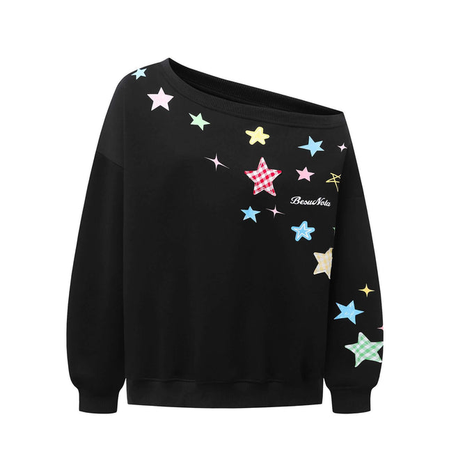 Slanted Shoulder Retro Graffiti Hoodie featuring colorful star graphics on a relaxed-fit black sweatshirt.
