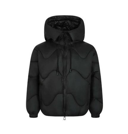 Wave Design Puffer Coat – Loose Fit in black with distinctive wave pattern and hooded style.