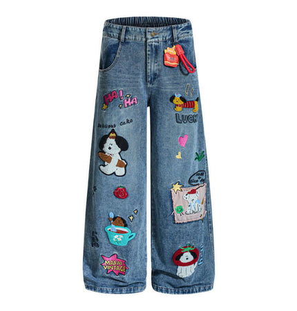Cartoon Patch College Denim Pants featuring playful embroidered patches and a relaxed fit, perfect for streetwear.