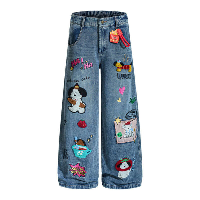 Cartoon Patch College Denim Pants featuring playful embroidered patches and a relaxed fit, perfect for streetwear.
