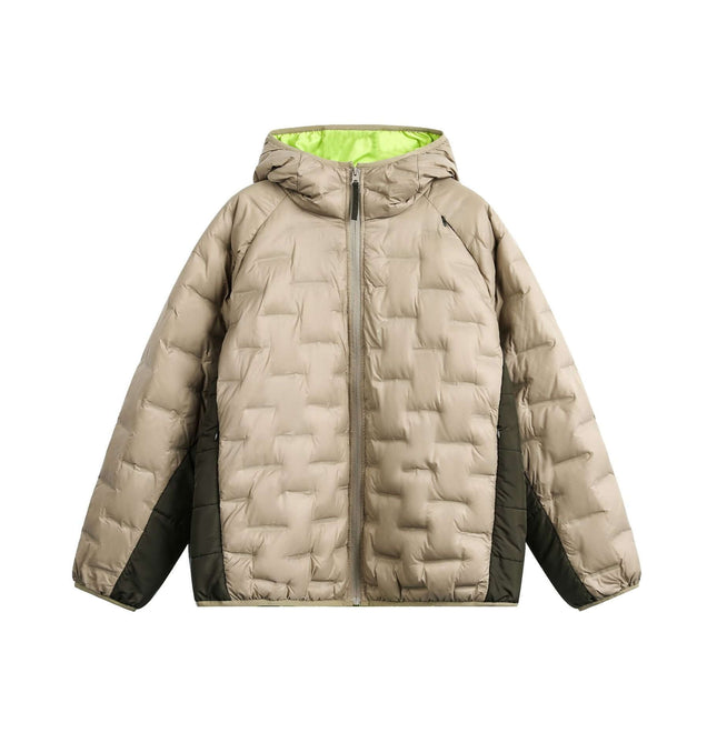 Hooded Color-Block Down Jacket in khaki green with a modern silhouette and hood for winter protection.