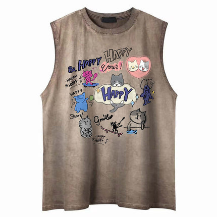 Cartoon Print Cotton Tank Top – Loose Fit featuring playful graphics and a relaxed design for summer casual wear.