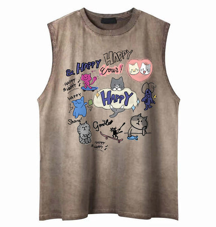 Cartoon Print Cotton Tank Top – Loose Fit featuring playful graphics and a relaxed design for summer casual wear.