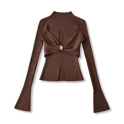 Metal Knot Hollow-Out Flare Sleeve Knit Top in brown, featuring flared sleeves and a chic hollow-out design.