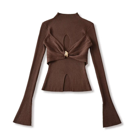 Metal Knot Hollow-Out Flare Sleeve Knit Top in brown, featuring flared sleeves and a chic hollow-out design.