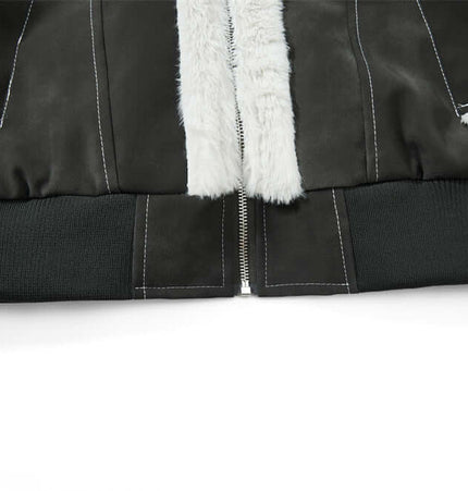 Street Style Cotton Jacket – Loose Fit close-up of the bottom hem and zipper details