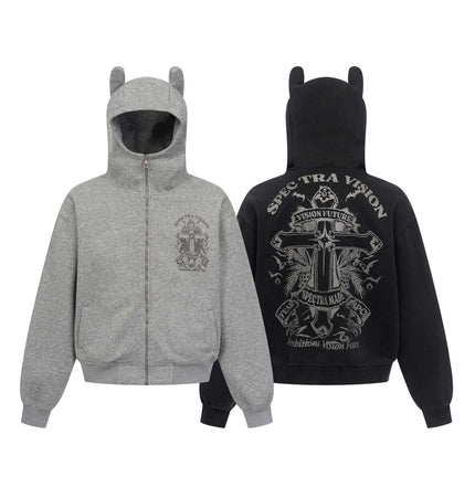 Vintage hoodie | Cross letter print hoodie | Distressed zip-up sweatshirt | Unisex streetwear jacket | Loose fit hoodie black | Casual streetwear hoodie gray