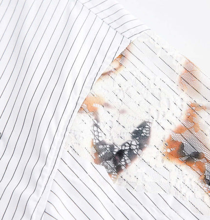 Flame Lace Patchwork Shirt – Loose Fit showcasing intricate patchwork and striped fabric detail.