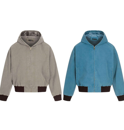 Color-Blocking Cotton Jacket – Loose Fit in gray and blue with hooded design and zip front.