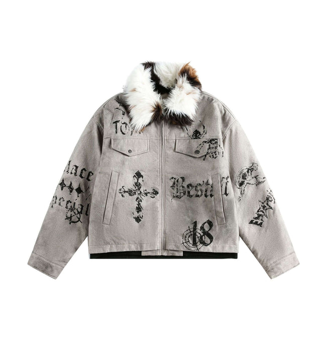 Graffiti Faux Fur Collar Coat – Loose Fit featuring graffiti designs and a plush faux fur collar.