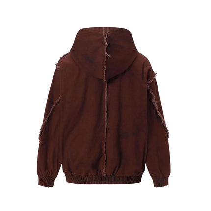 Spray Paint Spliced Jacket – Casual Fit, back view of brown hoodie with frayed edges and relaxed fit.