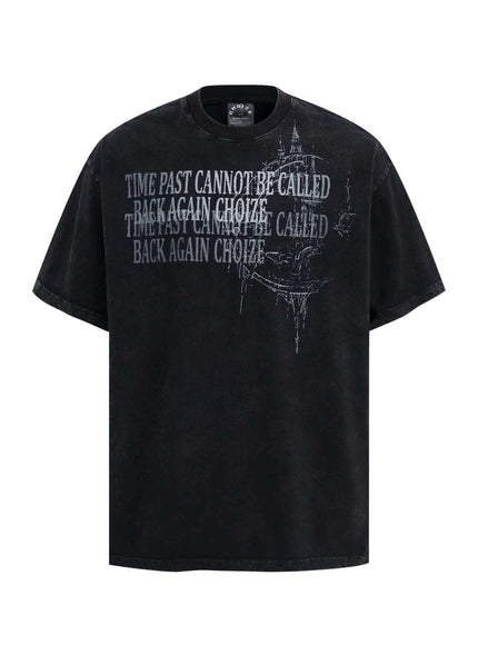 Model wearing Black washed castle letter print tee by Grozavu