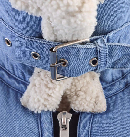 Loose Fit Short Zip Jacket detail showing the blue fabric and buckle closure.