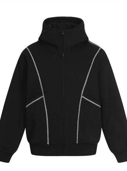 Model wearing Gray necked hooded jacket by Grozavu