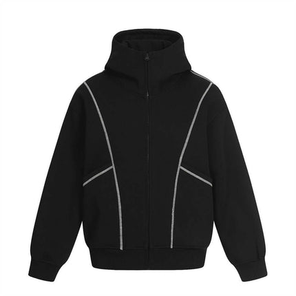 Model wearing Gray necked hooded jacket by Grozavu