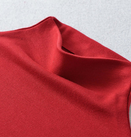 Close-up of the fabric of the SculptFit High-Neck Long Sleeve Top in red, showcasing its soft and stretchy texture.