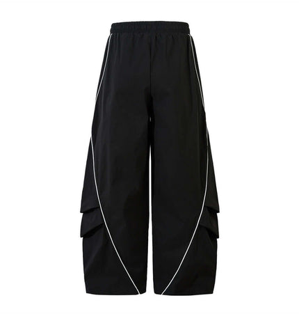Tape Decorated Casual Wide-Leg Pants with contrast tape accents and clean stripe detailing in black.
