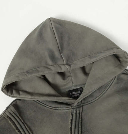 Stripe Patchwork Hoodie – Loose Fit with a high-neck hood detail in a soft fabric.