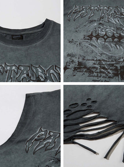 Black washed distressed unique sleeveless t-shirt with Grozavu logo