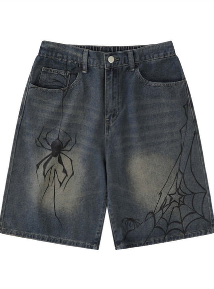 Model wearing Blue spider print denim shorts by Grozavu