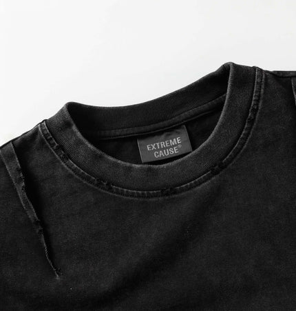 Washed Spliced Distressed TShirt – Loose Fit close-up of collar and tag showing high-quality cotton fabric.