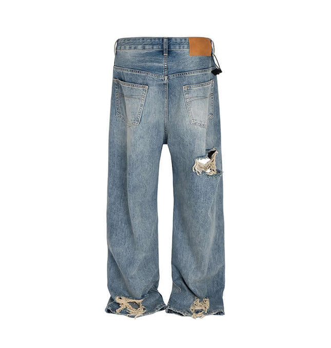 Back view of Distressed Hole Wide-Leg Denim Pants showcasing ripped details and wide-leg silhouette.