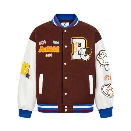 Brown letter embroidery color blocked coat with Grozavu logo
