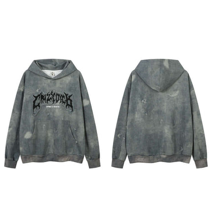 Letter Applique Washed Hoodie – Loose Fit showcasing front and back view in a unique washed denim design.