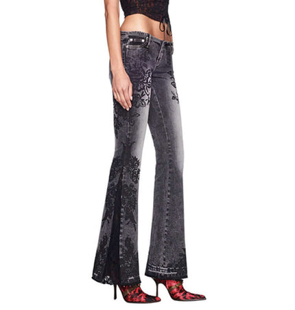 Retro Plant Print Slim Flared Jeans displaying a vintage-inspired style with modern comfort and subtle plant print detailing.