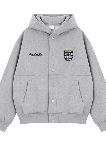 Model wearing Flower Gray buttoned cardigan hooded sweatshirt embroidery by Grozavu