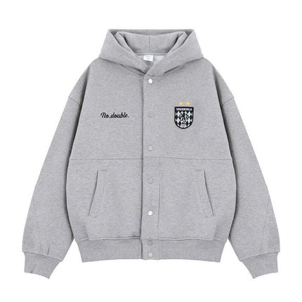 Model wearing Flower Gray buttoned cardigan hooded sweatshirt embroidery by Grozavu