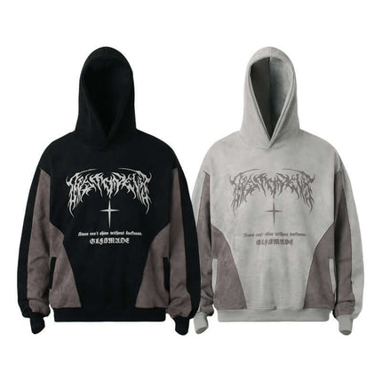 Patchwork High Neck Hoodie – Loose Fit featuring sporty retro design and a high-neck collar in black and grey.