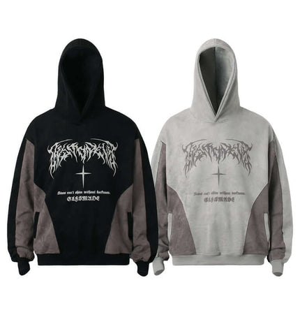 Patchwork High Neck Hoodie – Loose Fit featuring sporty retro design and a high-neck collar in black and grey.