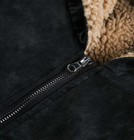 Close-up of the zipper detail on the Lamb Wool Cotton Double-Sided Jacket showcasing its soft fleece lining.