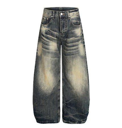 Bamboo Texture Denim Pants - Loose Fit in wide-leg flared design with a vintage washed finish.