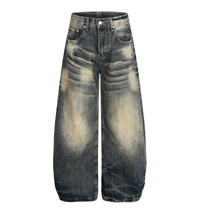 Bamboo Texture Denim Pants - Loose Fit in wide-leg flared design with a vintage washed finish.