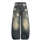 Bamboo Texture Denim Pants - Loose Fit in wide-leg flared design with a vintage washed finish.
