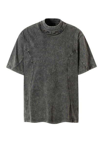 Model wearing Black washed patchwork metal decorated tee by Grozavu