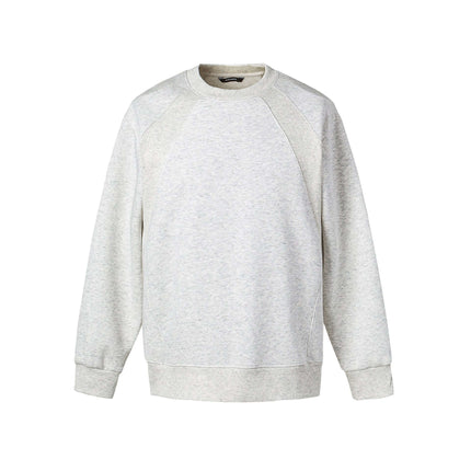 Round Neck Patchwork Pullover Hoodie in soft gray fabric with classic design and comfortable fit.